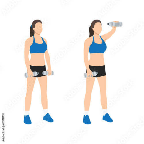 Woman doing single or one arm front water bottle raises exercise. Flat vector illustration isolated on white background