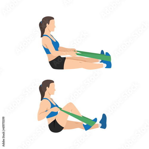 Woman doing seated resistance knee flexion exercise. Flat vector illustration isolated on white background