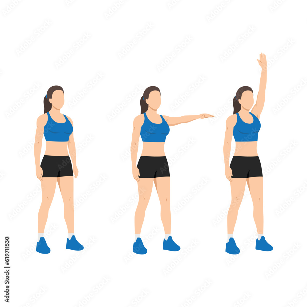 Woman doing single arm front raises to overhead extension. Flat vector illustration isolated on white background