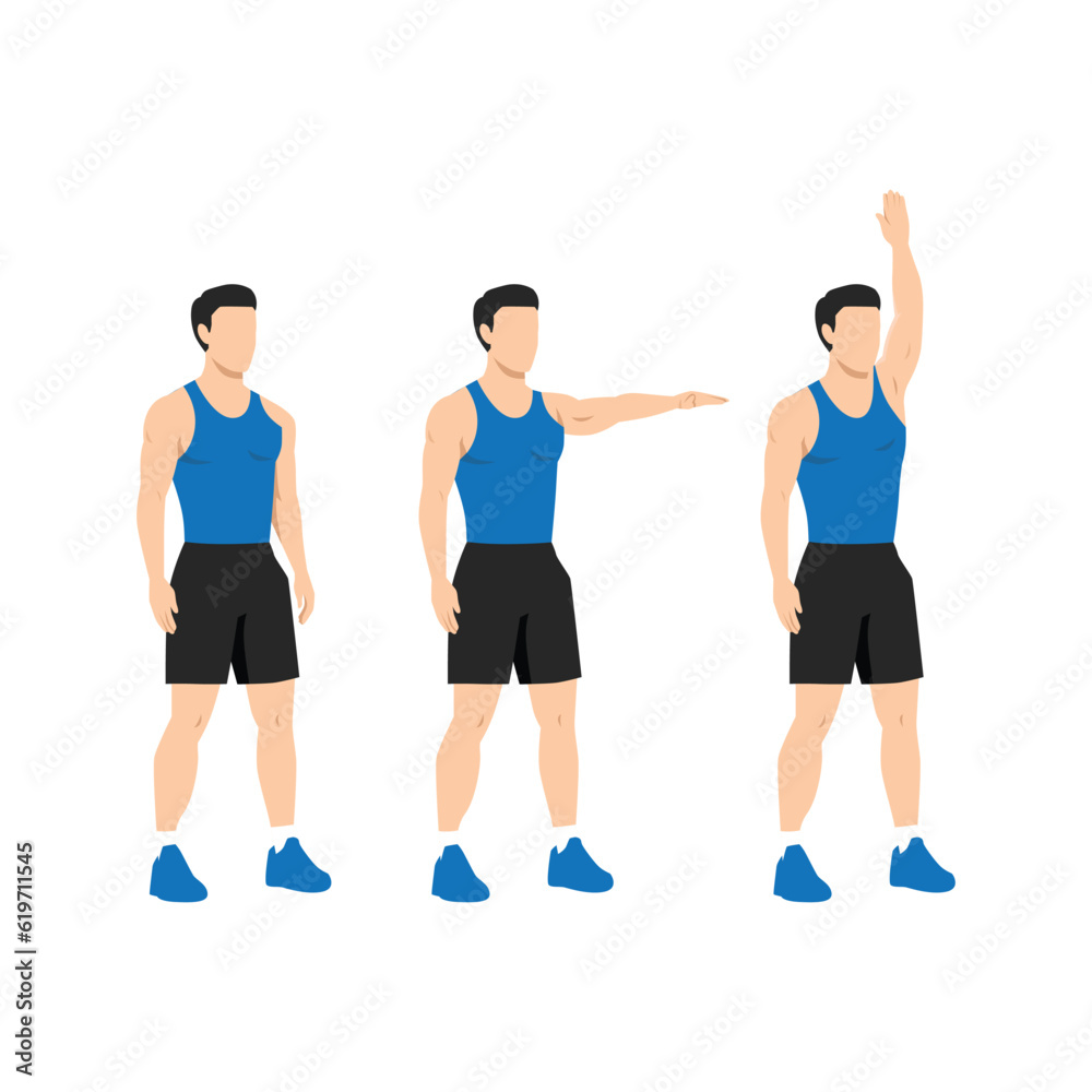Man doing single arm front raises to overhead extension. Flat vector illustration isolated on white background Man doing single arm front raises to overhead extension. Flat vector illustration isolated on white background