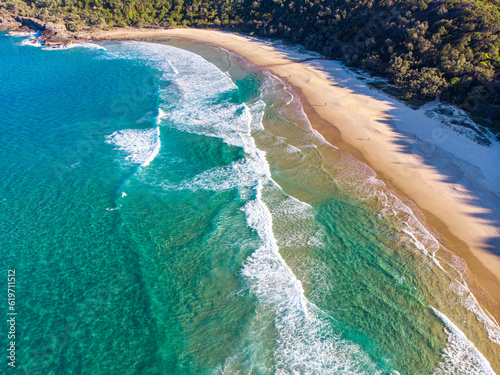 aerial panorama of beautiful alexandria bay in noosa national park near sunshine coast in south east queensland, australia; unique national park with pristine beaches on the coast of pacific	