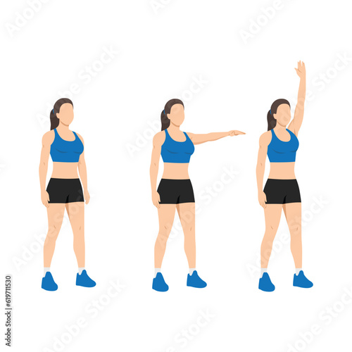 Woman doing single arm front raises to overhead extension. Flat vector illustration isolated on white background