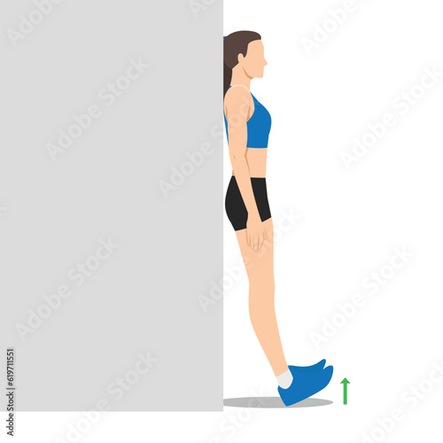 Woman doing foot flex shin exercise leaning against wall. Flat vector illustration isolated on white background