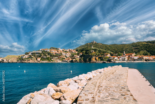 Collioure, France. View From Berth In Port To Collioure Hilly Cityscape In Sunny Spring Day.