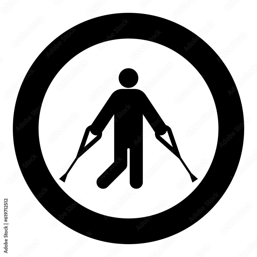 Man with crutchs crutches broken leg in cast gypsum bone injury fracture icon in circle round black color vector illustration image solid outline style Man with crutchs crutches broken leg in cast gypsum bone injury fracture icon in circle round black color vector illustration image solid outline style