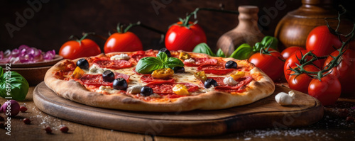 homemade Italian Pizza with mozzarella and basil, tomatoes on wooden table. genrative ai