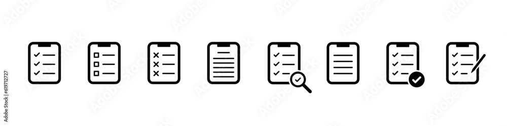 Checklist icon set. Check list clipboard vector sign. Document form symbol. Form of checklist isolated on white background. Checklist icon set. Check list clipboard vector sign. Document form symbol. Form of checklist isolated on white background.