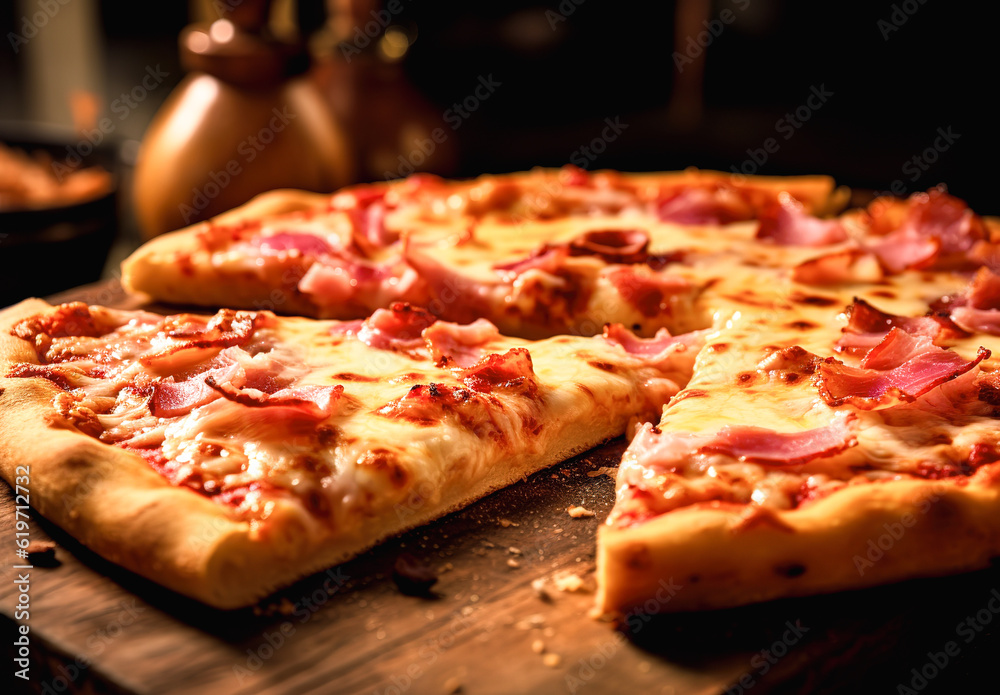 Pizza with salami and mozzarella cheese on wooden board. Generative AI Pizza with salami and mozzarella cheese on wooden board. Generative AI