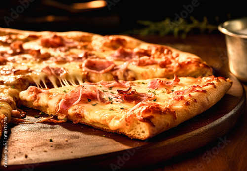 Pizza with salami and mozzarella cheese on wooden board. Generative AI