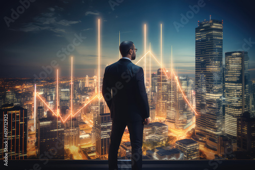 Man businessman back view stands on roof of a building, with a view of industrial night city and glowing graphics in the air in front of him. A creative real estate investment concept. Generative AI.