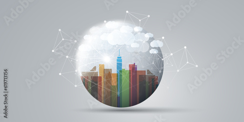 Colorful Smart City, Cloud Computing Design Concept with Transparent Globe, Cityscape, Tall Buildings, Skyscrapers Inside - White Clouds, Digital Polygonal Network Connections, Technology Background