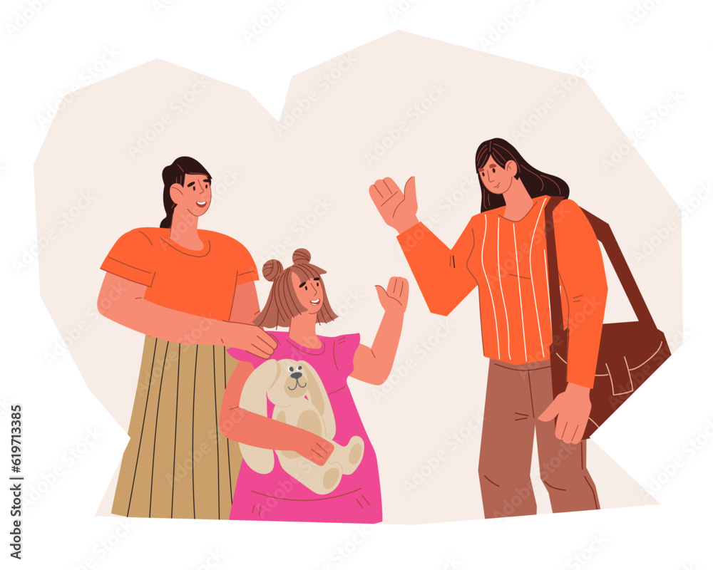 Fototapeta premium Nanny stays with baby, flat vector illustration isolated on white. Young babysitter staying with little child of preschool age while her mum leaving home for work.