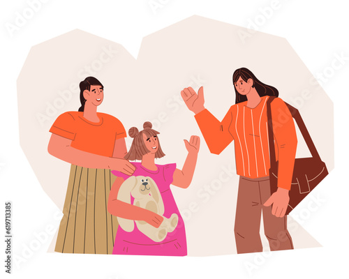 Nanny stays with baby, flat vector illustration isolated on white. Young babysitter staying with little child of preschool age while her mum leaving home for work.
