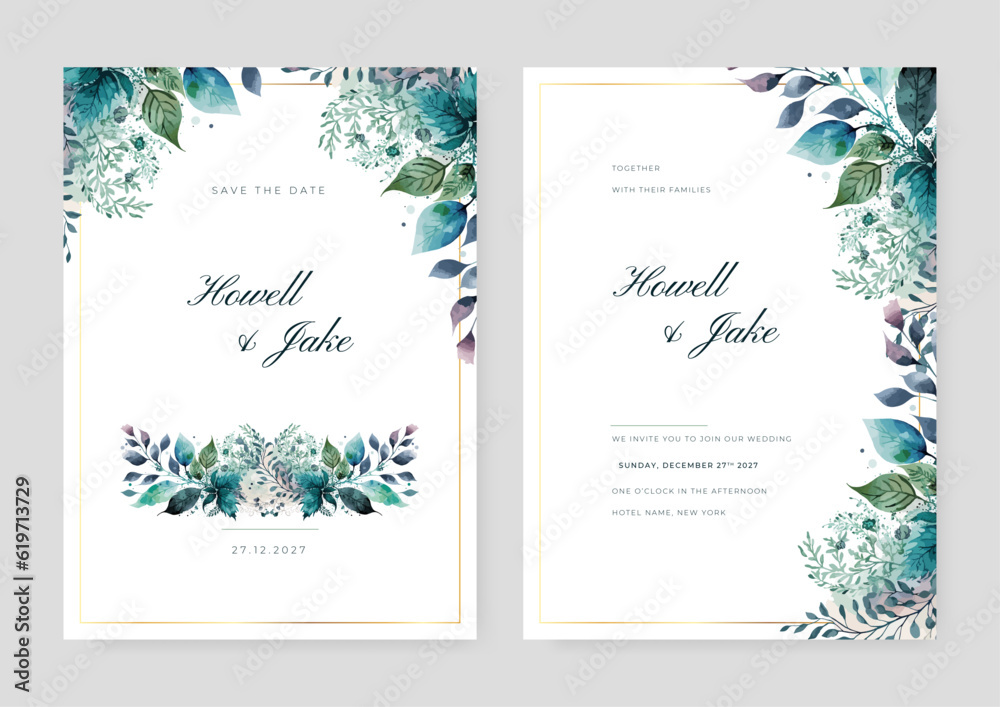 Floral wedding invitation template set with watercolor roses and leaves decoration. Botanic card design concept