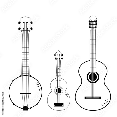 Vector set of musical strings instruments drawn in cartoon graphic flat style - guitar, banjo, ukulele.