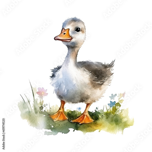 Watercolor cute little goose. Happy farm animal cartoon illustration. Generative AI © 7AM