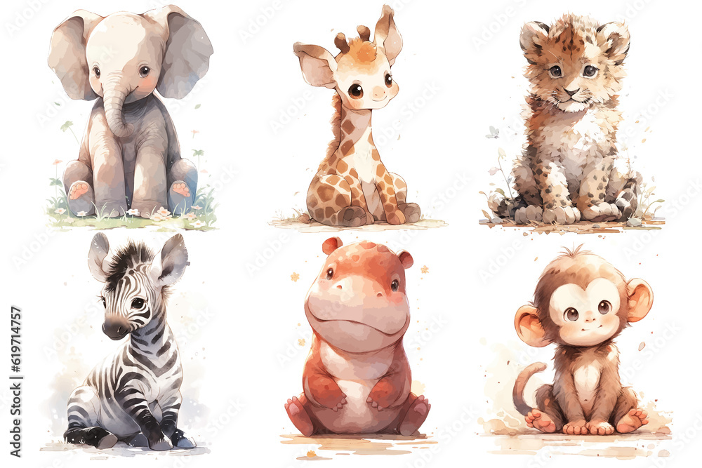 Set of cute baby woodland animals elephant, lion, zebra, hippopotamus ...