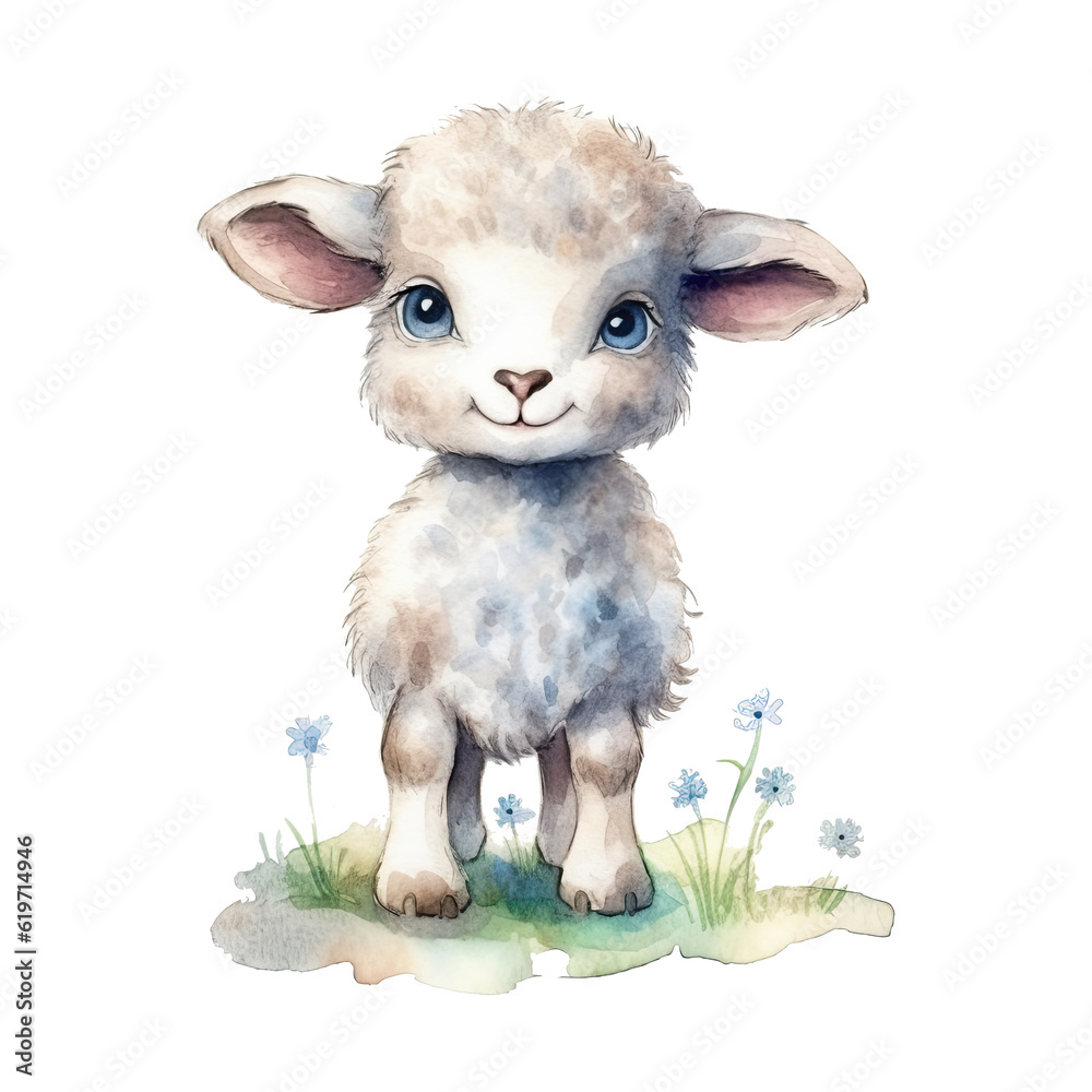 Watercolor cute little sheep. Happy farm animal cartoon illustration. Generative AI Watercolor cute little sheep. Happy farm animal cartoon illustration. Generative AI