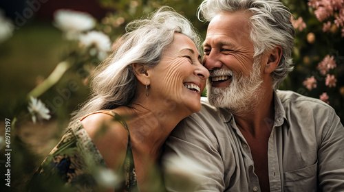 Happy mature couple having fun in the garden. Flower background, healthy retirement, fun and relaxing.