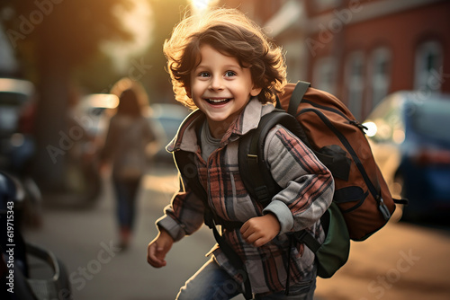 happy first grader boy with knapsack on his first day at school. Education and start into a new future. Wallpaper and poster for news articles.