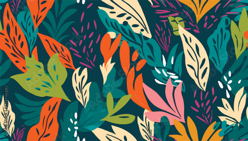 Modern exotic ethnic floral jungle pattern. Collage contemporary seamless pattern. Hand drawn cartoon style pattern.