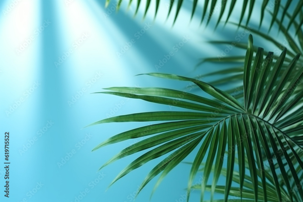 Fototapeta premium Blurred shadow from palm leaves on the light blue wall. Minimal abstract background for product presentation. Spring and summer