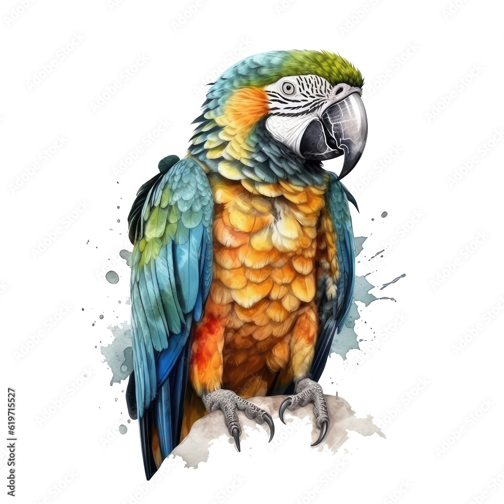 Watercolor illustration of a bright cockatoo parrot