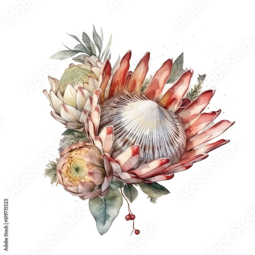 Watercolor illustration african rose flower protea bouquet