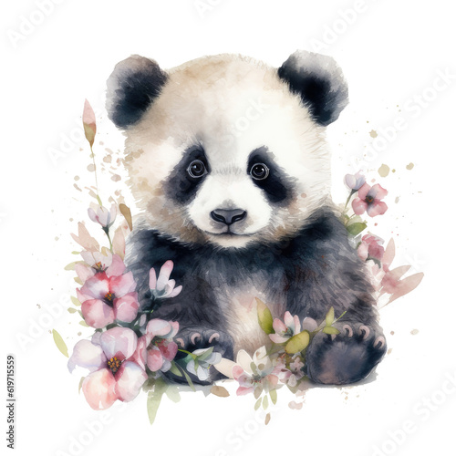 Watercolor illustration cute panda in flowers