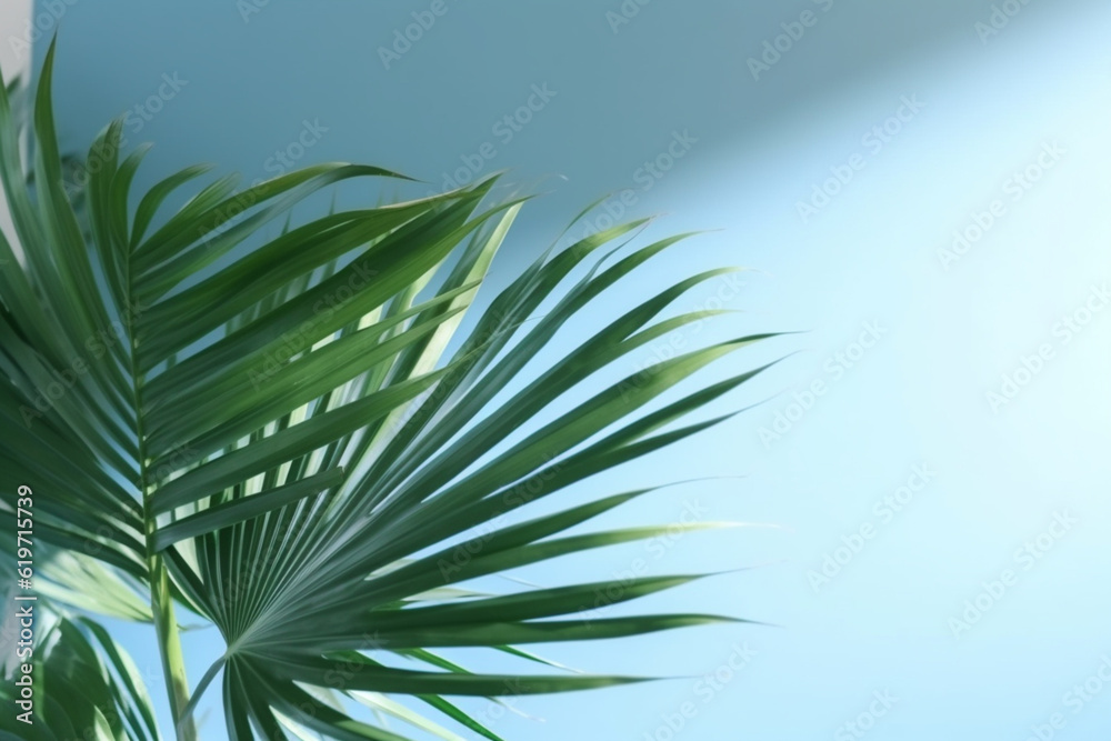 Blurred shadow from palm leaves on the light blue wall. Minimal abstract background for product presentation. Spring and summer Blurred shadow from palm leaves on the light blue wall. Minimal abstract background for product presentation. Spring and summer