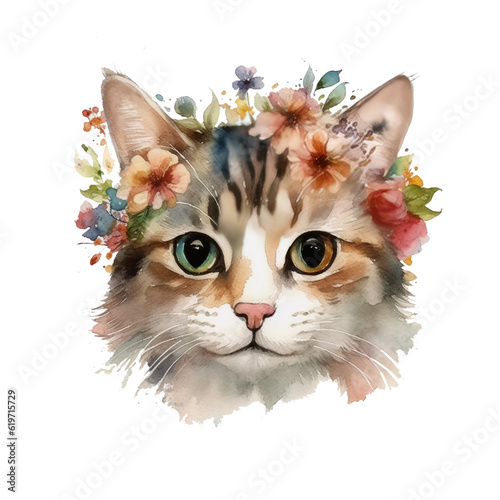 Watercolor illustration Cat in flowers