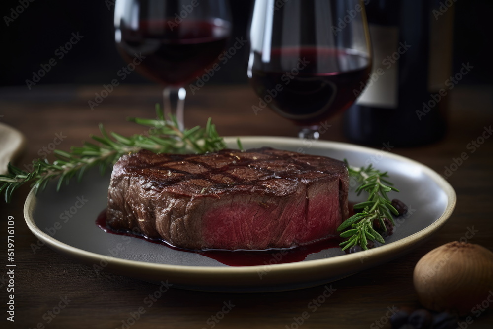 Fototapeta premium beef steak on the dish with red wine