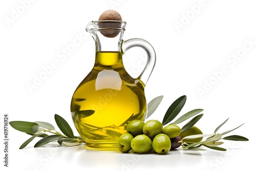 Fotografia a glass jug with a bottle of olive oil next to some olives