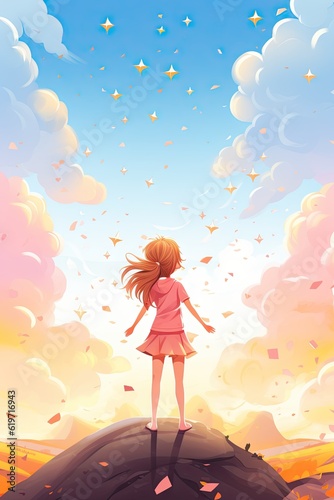 girl standing on top of a hill looking at the sky surrounded by stars. Cartoon style.