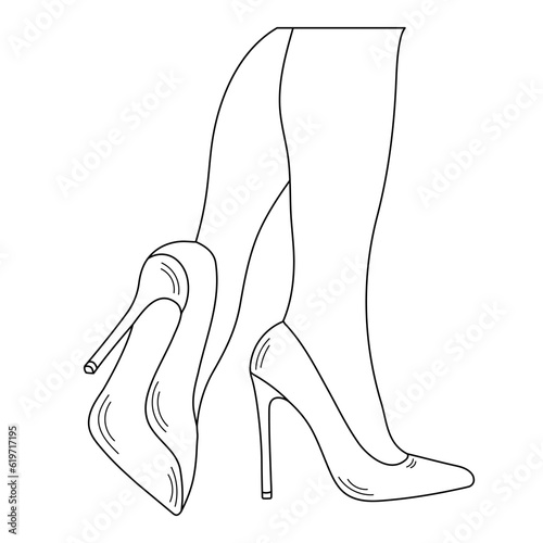 Drawing sketch outline silhouette of female legs in a pose. Shoes stilettos, high heels