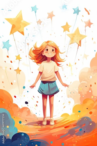 an illustration of a girl surrounded by stars. Cartoon style.