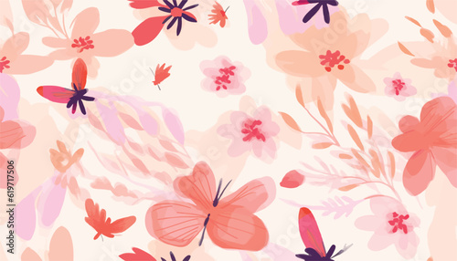Hand drawn cute pink artistic flowers and butterflies pattern. Modern cartoon style print. Fashionable template for design.