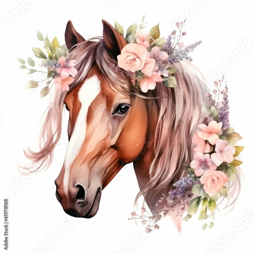 Horse with Flowers. Watercolor Illustration isolated on white background.