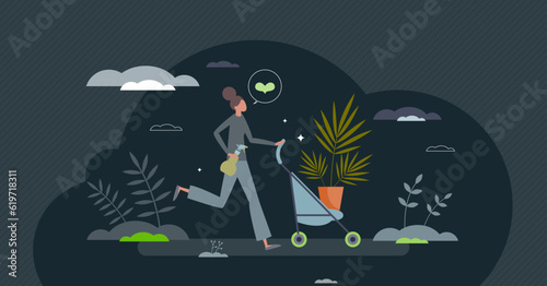 Plant parenting and gardening hobby for flower growth tiny person concept. Planting palm tree in pots and caring as nature friendly work vector illustration. Floral conservation as modern lifestyle.