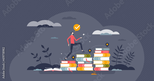 Lifelong learning process for personal development and growth tiny person concept. Academic knowledge improvement with book reading and successful continuing potential training vector illustration.