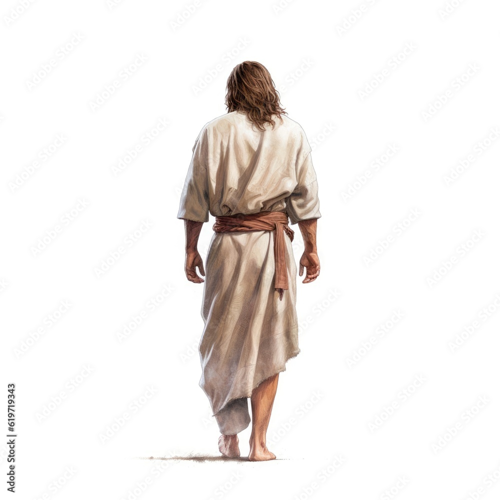 Illustration of the silhouette of Jesus Christ the Savior walking with white clothes standing on his back Generative AI