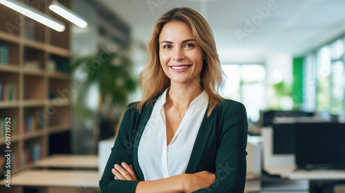 Professional woman smiles looking at the camera in her office