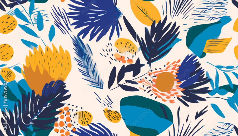 Fototapeta premium Modern abstract exotic floral pattern. Collage trendy seamless pattern. Hand drawn cartoon style illustration.