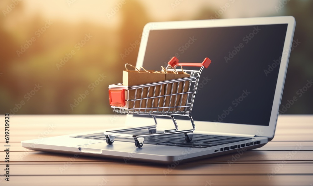 Online Shopping Concept, Shopping Cart on Laptop  Background. Generative Ai