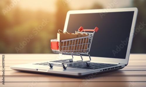 Online Shopping Concept, Shopping Cart on Laptop Background. Generative Ai