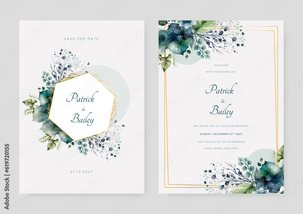 Elegant watercolor wedding invitation card with greenery leaves