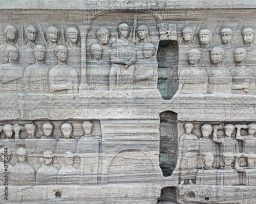 The Roman emperor, his court, guard and spectators at the hippodrome of Constantinople. Marble relief of north face of Obelisk of Theodosius pedestal (series). Sultan Ahmet square, Istanbul, Turkey