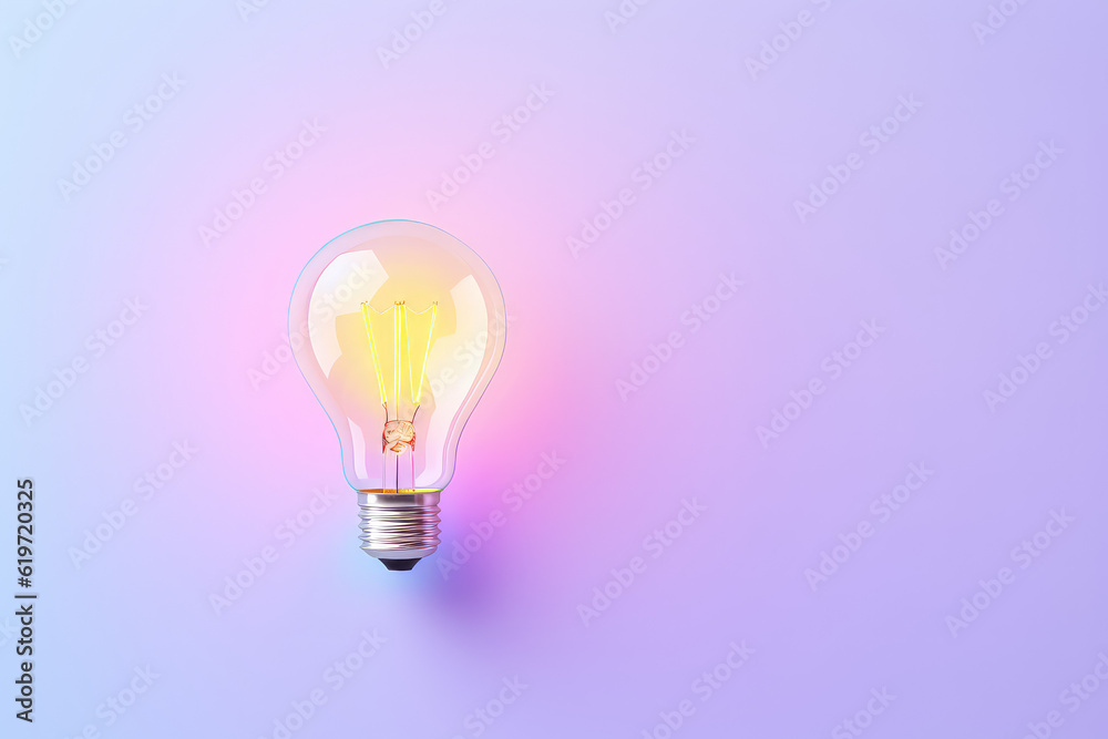 Creative concept of an idea. Glowing light bulb isolated on a pastel flat background with copy space for text. Light pastel gradient purple colors. Generative AI 3d render illustration. Creative concept of an idea. Glowing light bulb isolated on a pastel flat background with copy space for text. Light pastel gradient purple colors. Generative AI 3d render illustration.