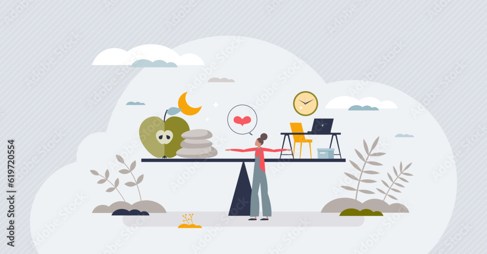 Employee wellness programs with workspace health benefits tiny person concept. Job and relaxation balance with company provided leisure services vector illustration. Workforce bonus and satisfaction.