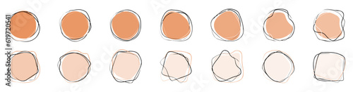 Organic amoeba in the shape of a drop of abstract color Apricot Crush with contours, isolated on a transparent background. Set of graphic elements of irregular round shape.